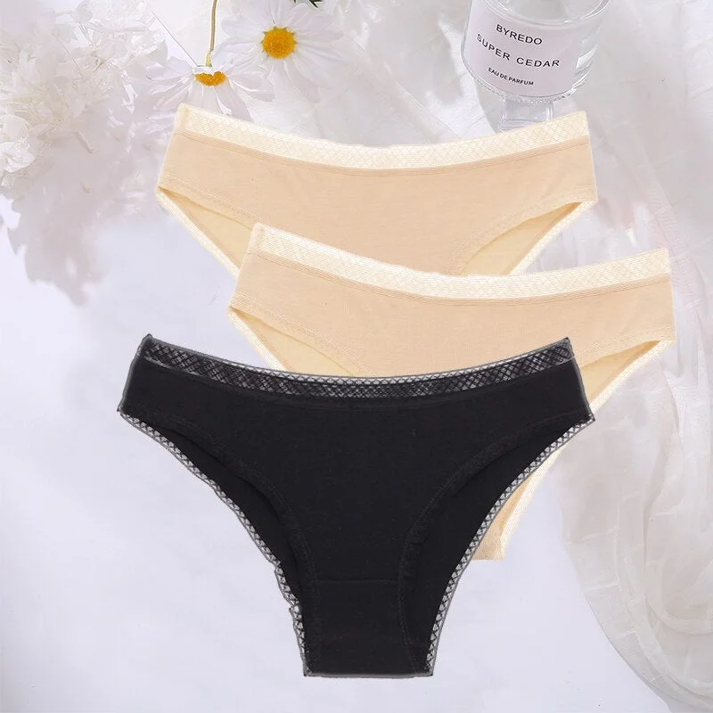 FINETOO 3PCS/Set Cotton Women Mesh Panties Sexy Perspective Lingerie Femme Underwear Girl Underpant Breathable Woman Panty Tanga