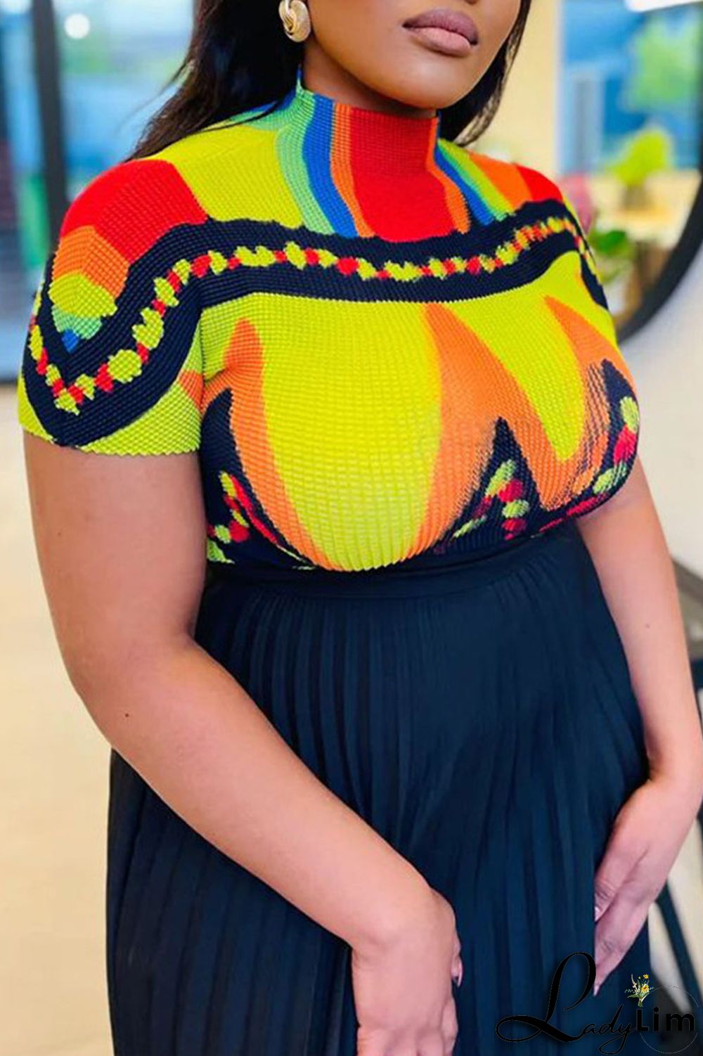 Apricot Casual Elegant Gradual Change Print Patchwork Fold O Neck Short Sleeve Two Pieces