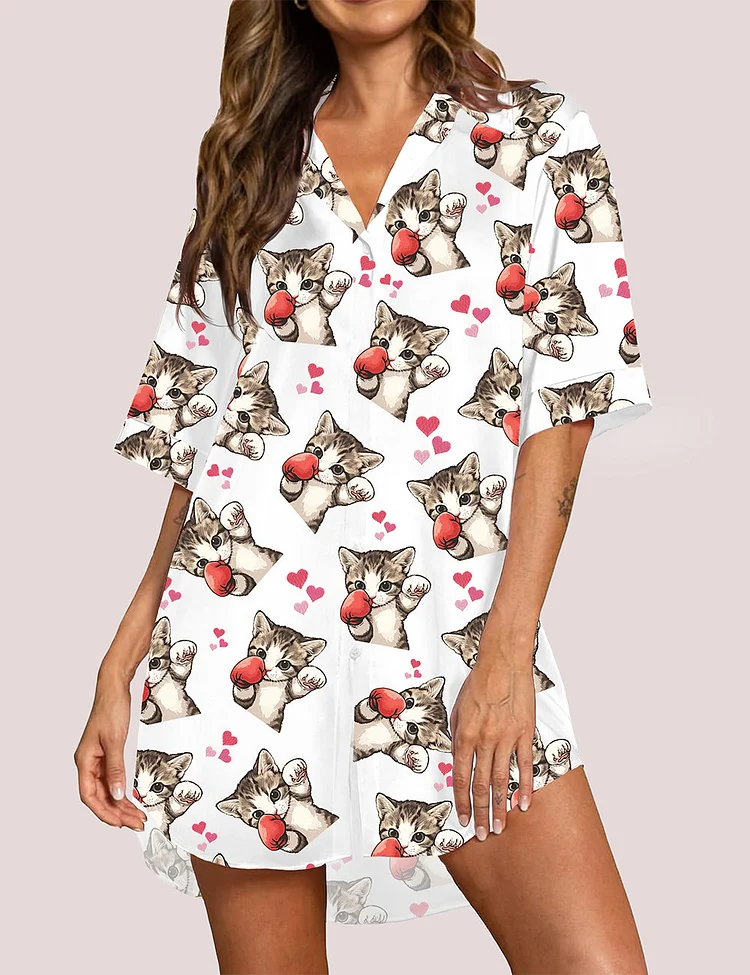 Women's Funny Valentine Boxing Cat Love Heart Pajama Dress
