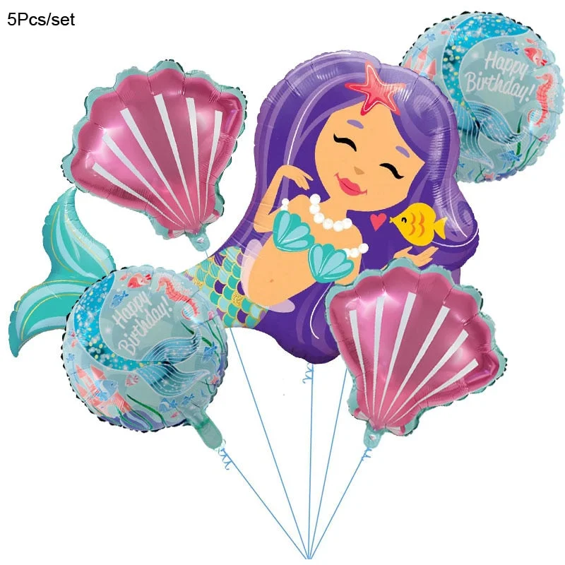 Mermaid Birthday Party Disposable Tableware Set Under The Sea Party Little Mermaid Girls 1st Birthday Decoration Shell Balloons