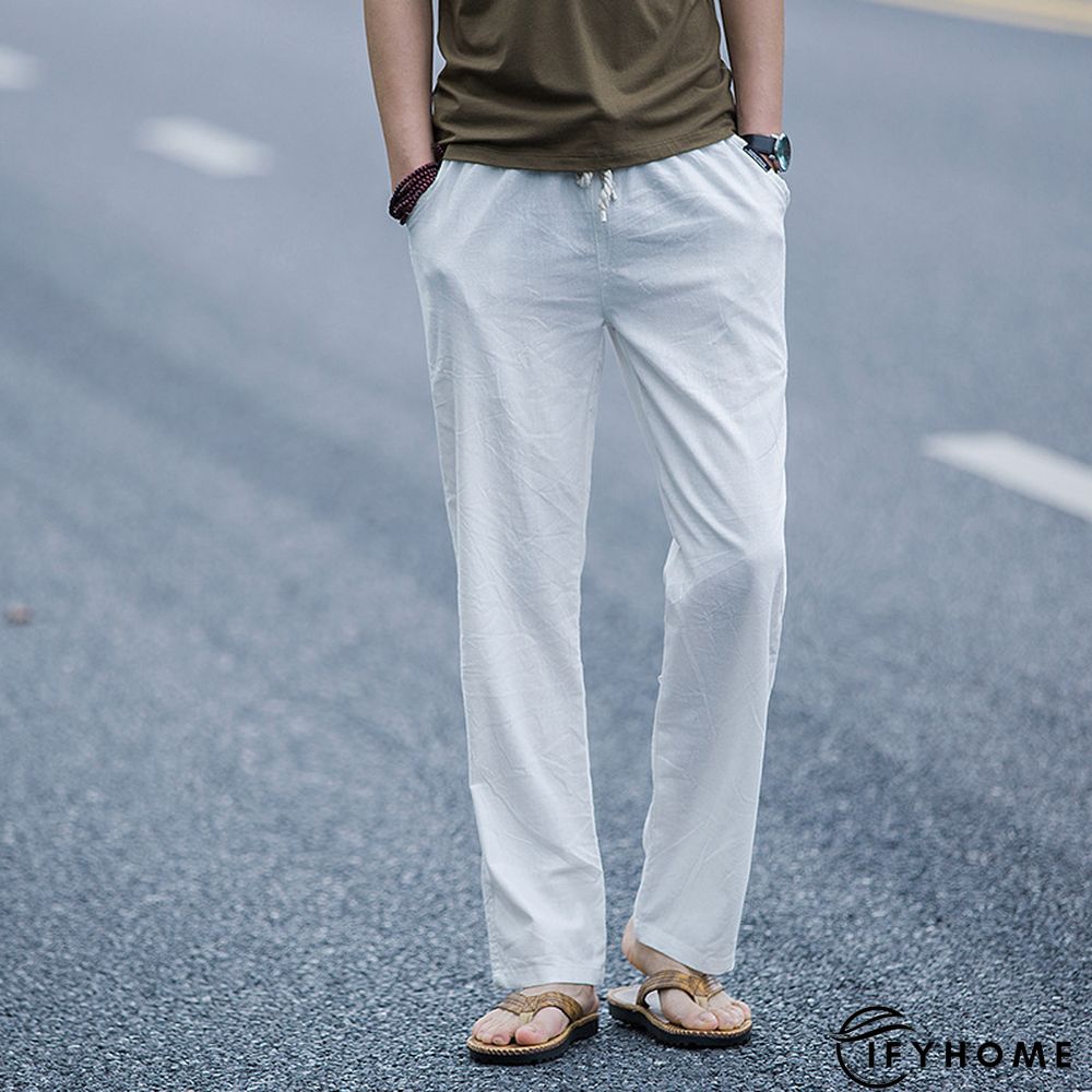Men's Linen Pants Trousers Summer Pants Beach Pants Drawstring Elastic Waist Plain Breathable Soft Casual Daily Holiday Linen / Cotton Blend Fashion Streetwear White Micro-elastic | IFYHOME