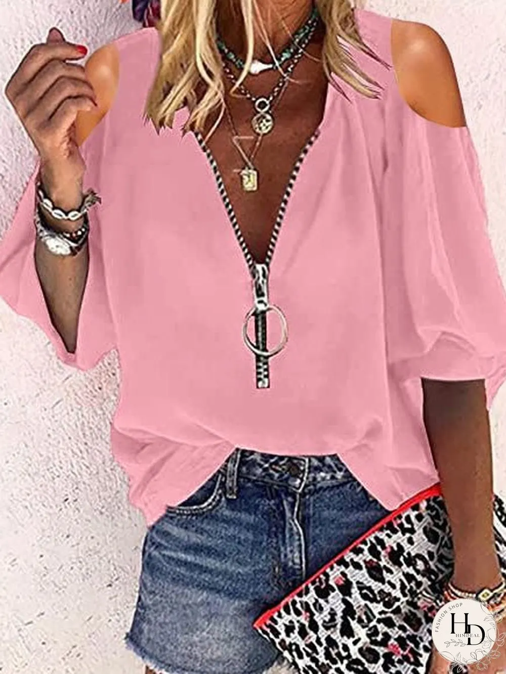 Women'S Blouses V-Neck Zip Off-Shoulder Long Sleeve Blouse