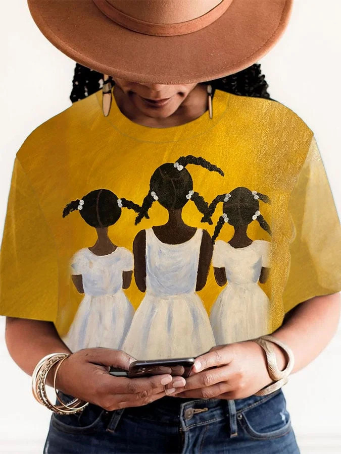 Women's Black Girl Art Printed Short-Sleeved T-Shirt 