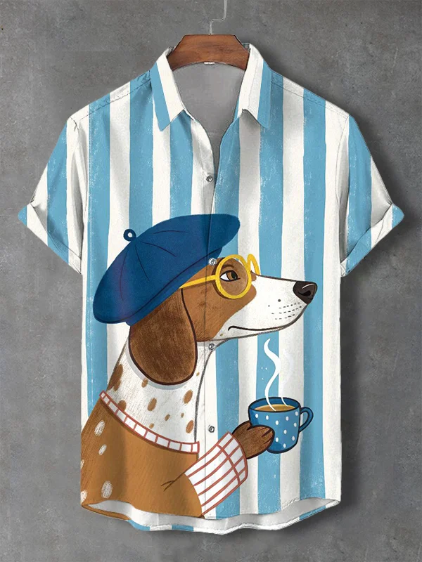 Men's Gentleman Dog Drinks Coffee Stripes Print Shirt