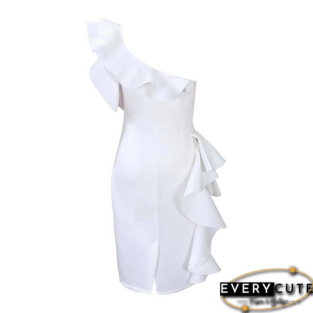 White Solid One Shoulder Bodycon Dress with Ruffles