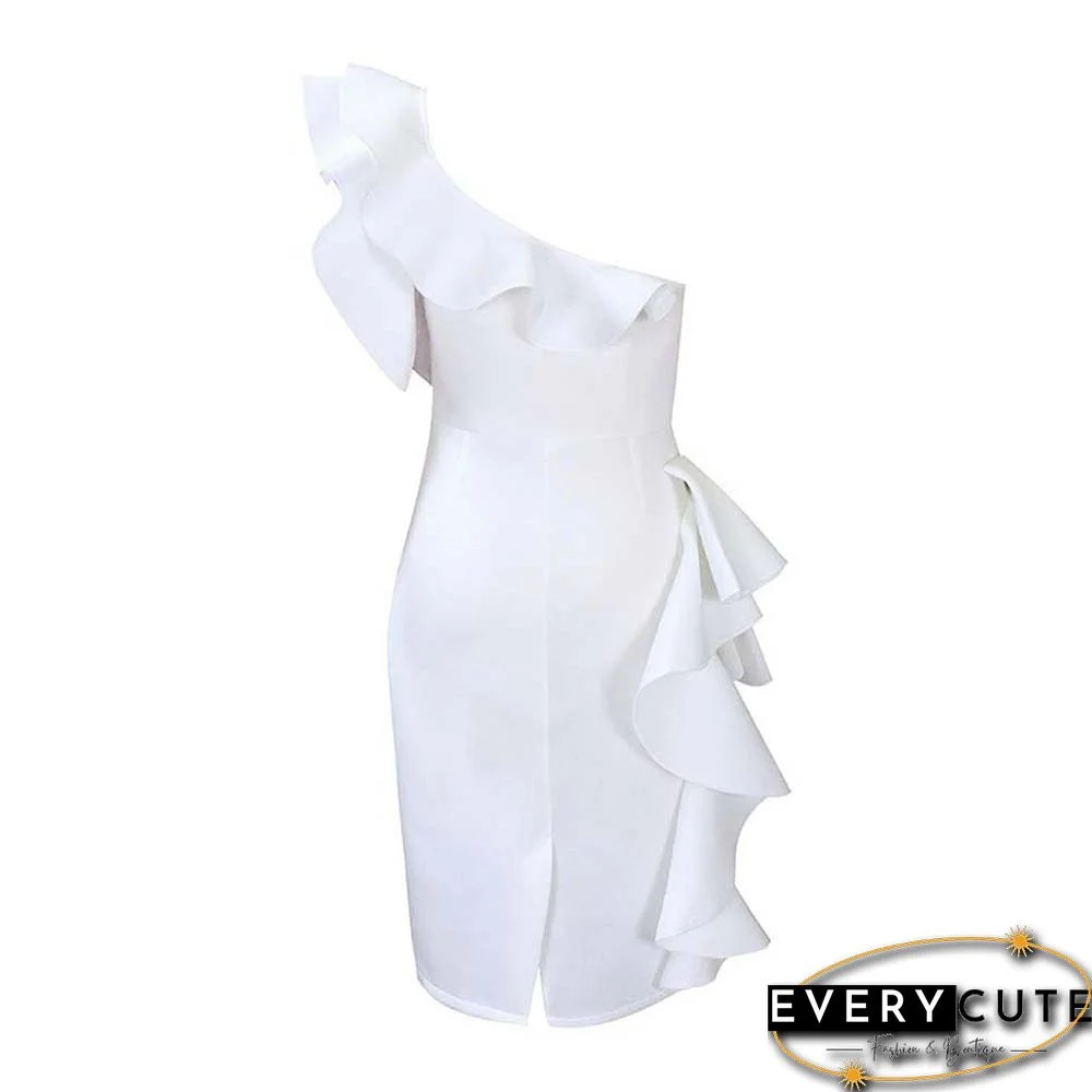 White Solid One Shoulder Bodycon Dress with Ruffles