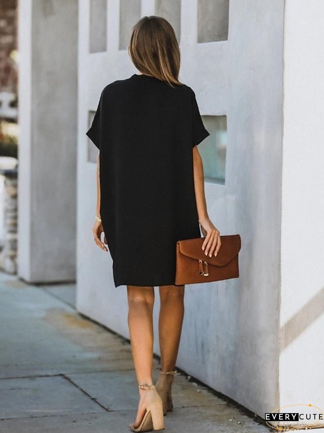 Casual Dress Midi Black White Yellow Short Sleeve Pure Color Summer Spring Neck Hot XXL