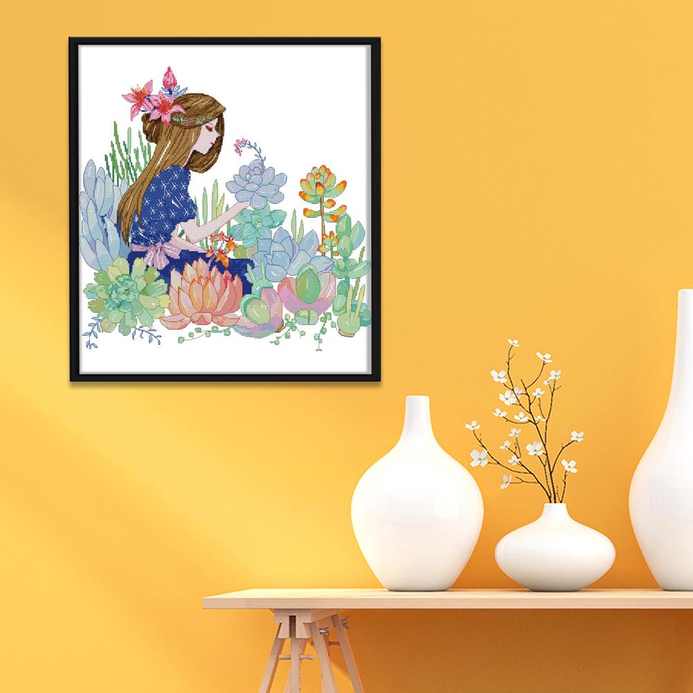 

Girl viewing flowers - 14CT Stamped Cross Stitch - 44*46cm, 501 Original