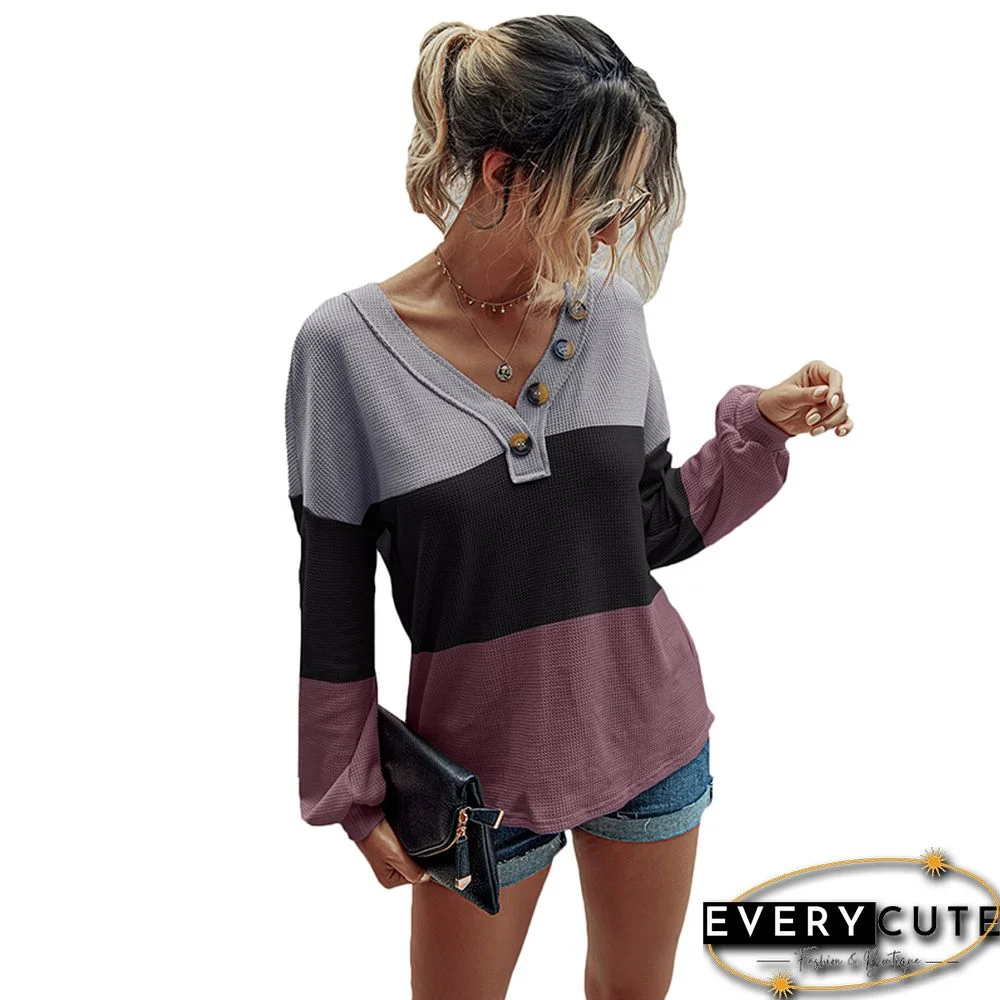 Multicolor Colorblock Buttoned V Neck Long Sleeve Tops