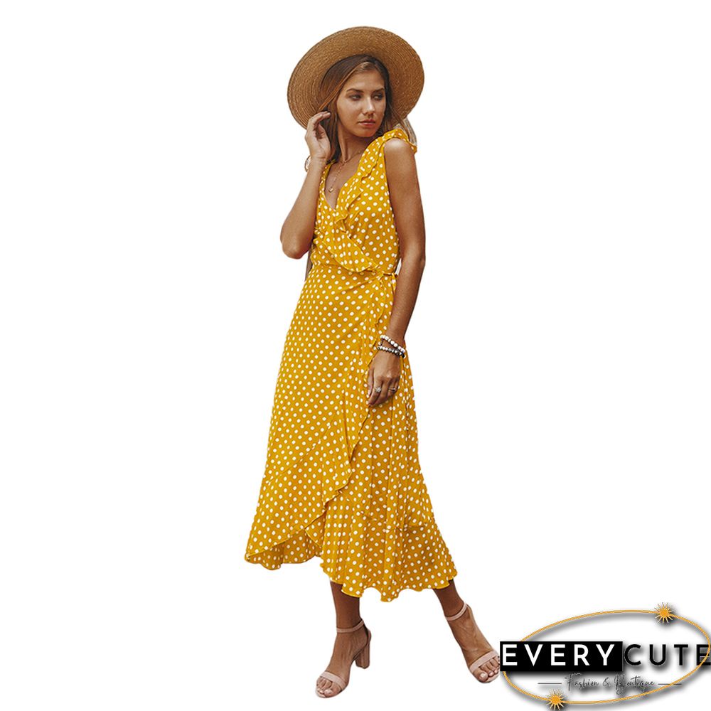Yellow Polka Dot Ruffle Detail Maxi Dress
