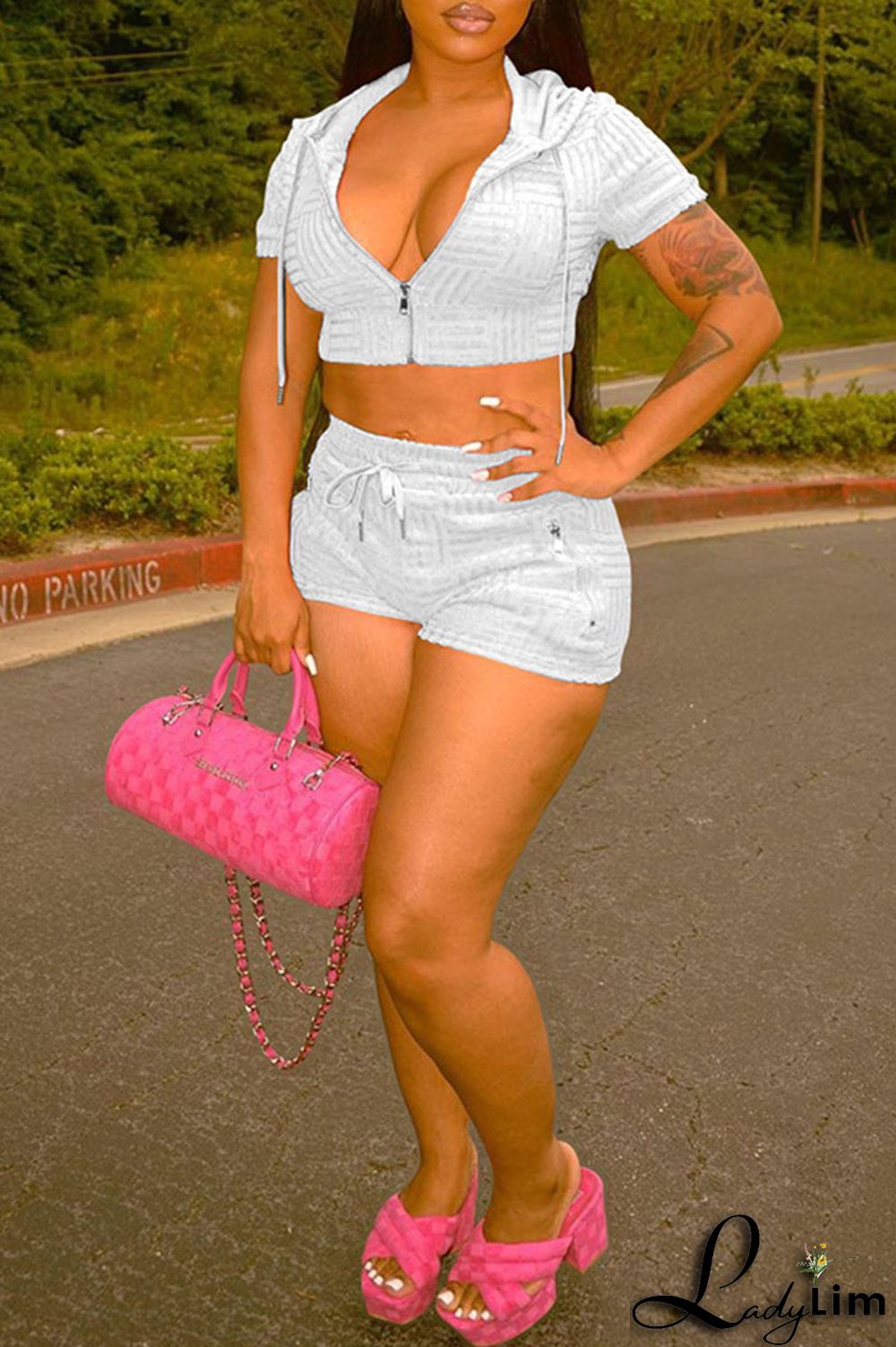 Khaki Casual Solid Patchwork Zipper Hooded Collar Short Sleeve Two Pieces