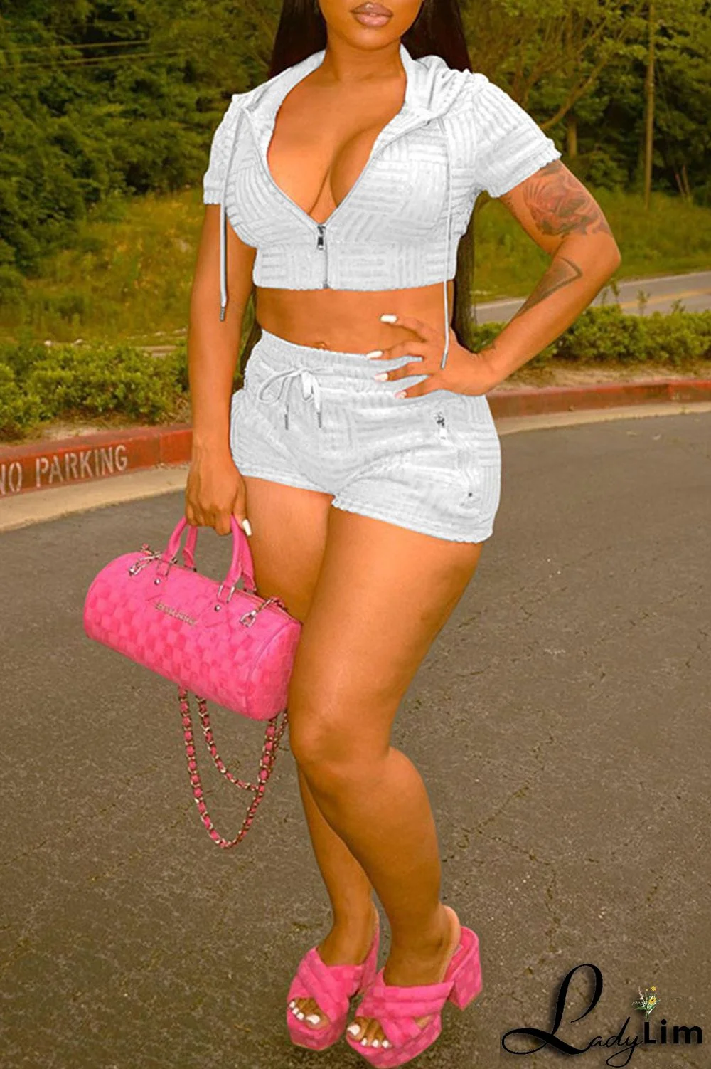 Khaki Casual Solid Patchwork Zipper Hooded Collar Short Sleeve Two Pieces