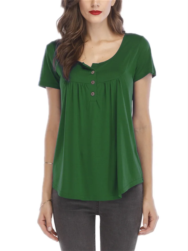 Women's Drawstring Button Loose Short Sleeve T-Shirt Top Black Green Grey-Cosfine