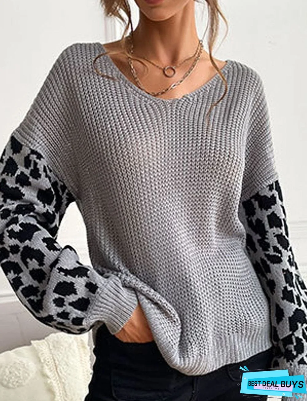 Casual Leopard Print Teaching V-Neck Long-Sleeved Sweater