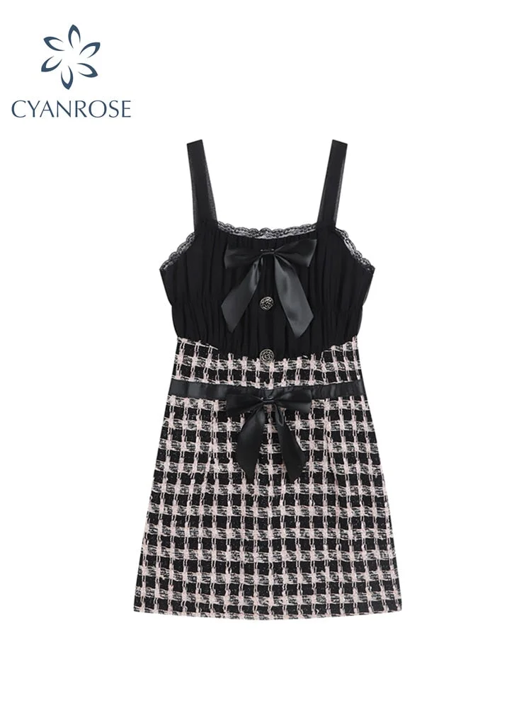 Women&#39;s Plaid Patchwork Mini Dress Chic Sexy Slim Off Shoulder Short Dress Party Elegant Harajuku Y2k Sleeveless Suspender Dress