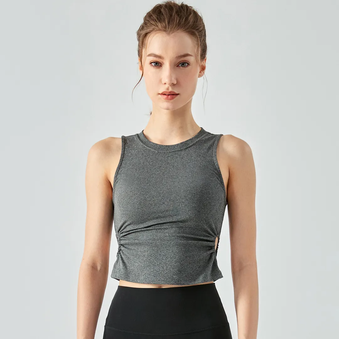 Buy shockproof scrunch side hollow-out ribbed gym tank top with removable cups of high quality on Hergymclothing Dark Gray