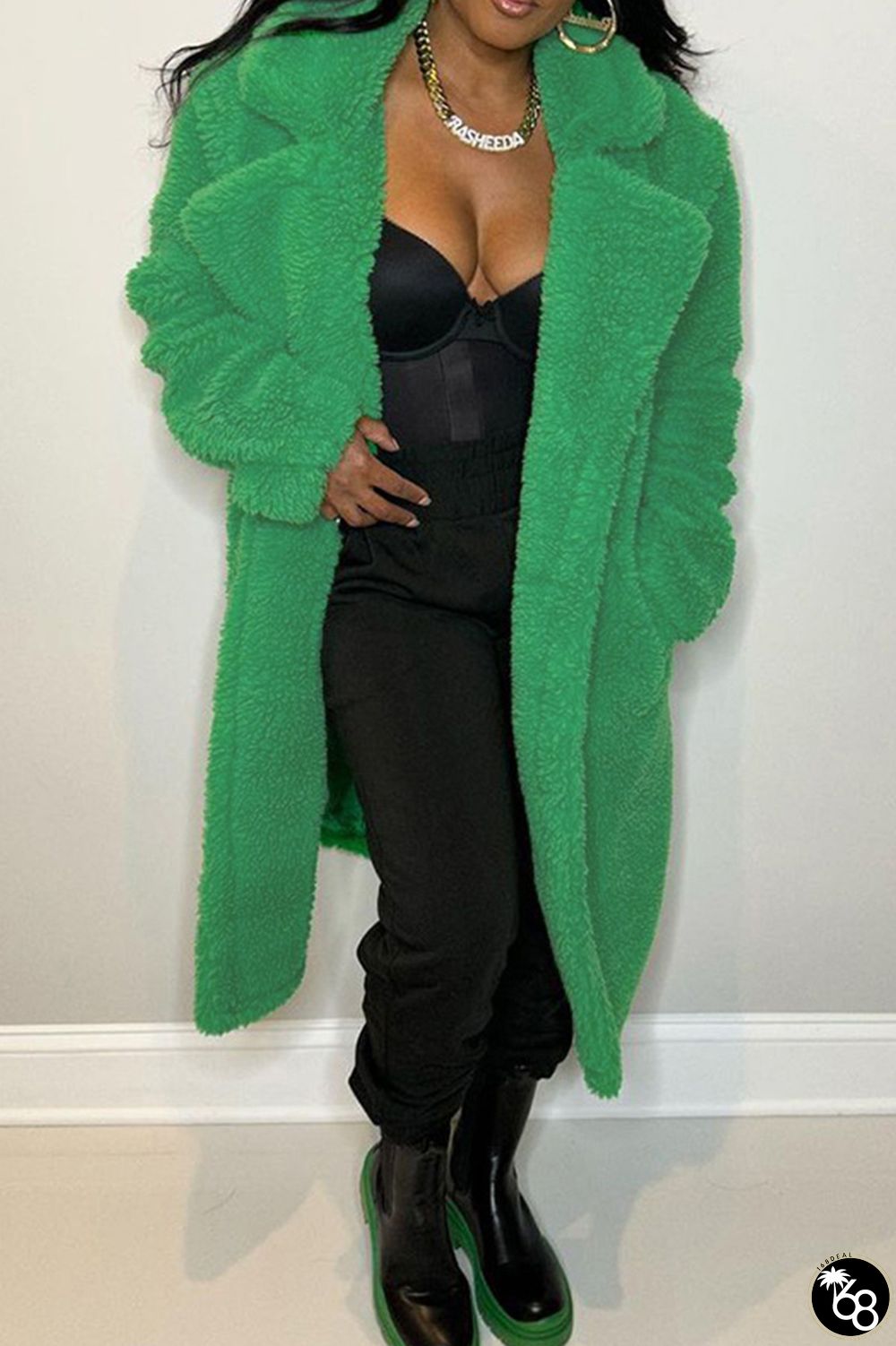 Green Elegant Solid Patchwork Pocket Cardigan Collar Outerwear | 168DEAL