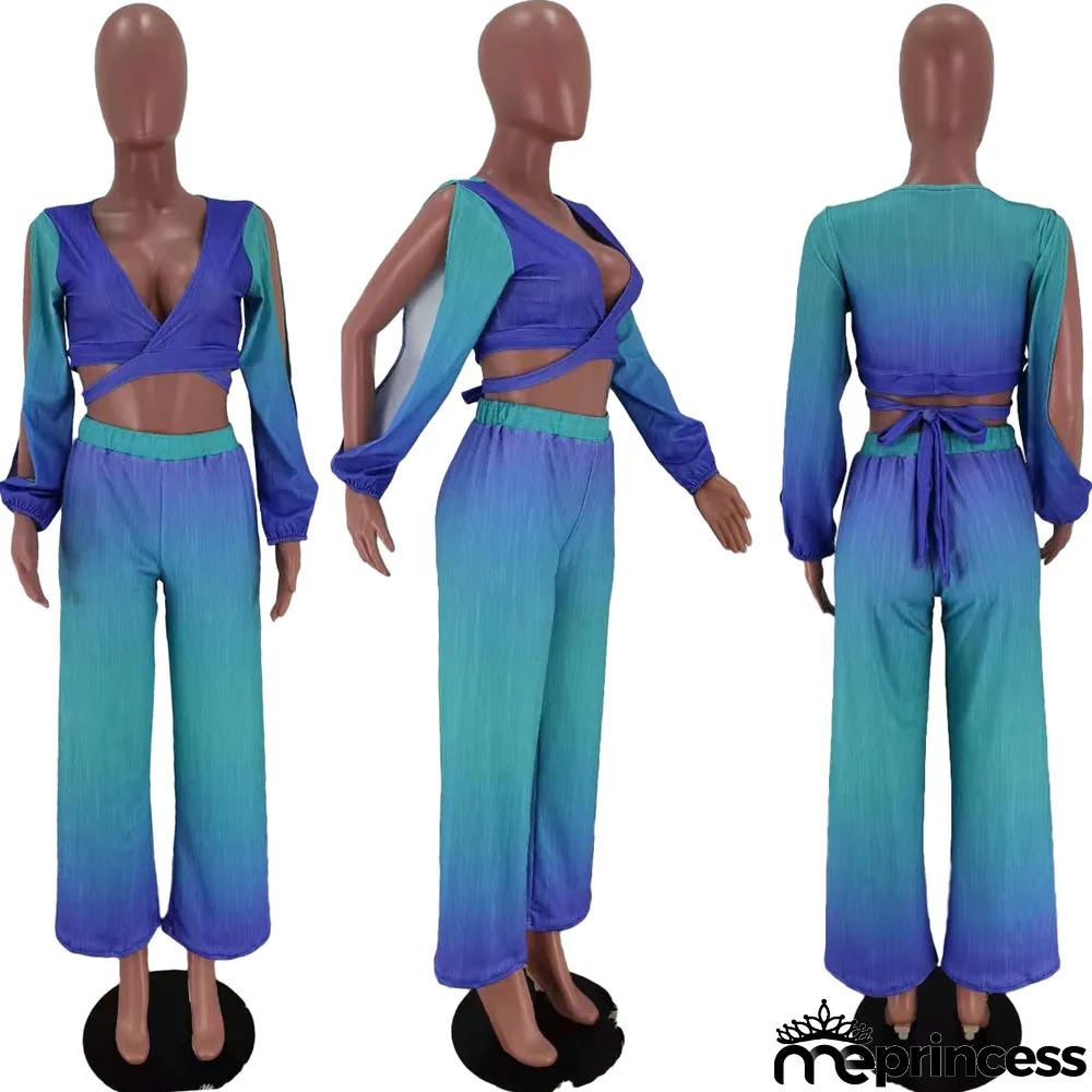 Gradient Long Sleeve Wide Leg Pants 2 Piece Set