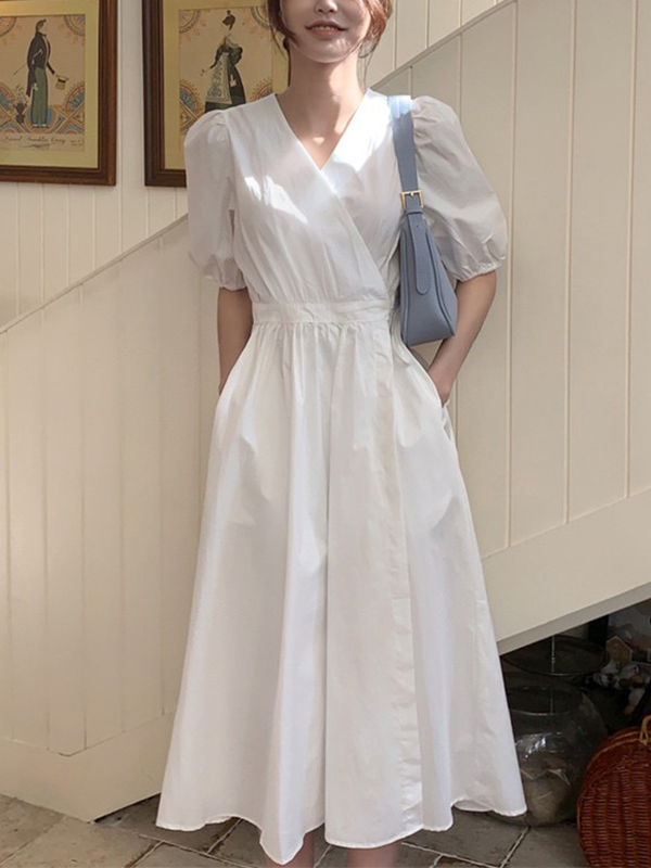 V Neck Puff Short Sleeve Side Pockets Solid Color Midi Dress