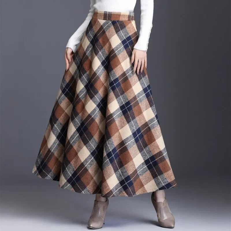 High Waist Woolen Skirts Women Winter 2019 Fashion Streewear Wool Long Pleated Skirt Casual Ladies Saia Longa Plaid Female Skirt
