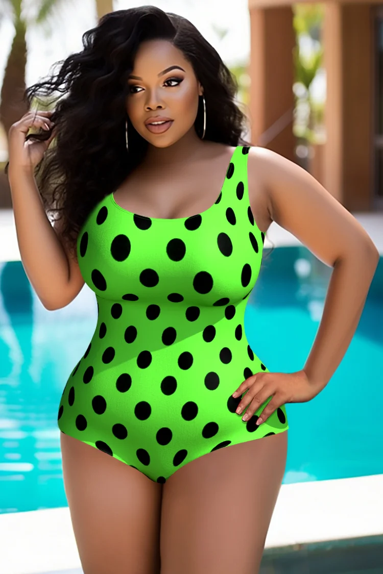 Xpluswear Design Plus Size Vacation Fluorescent Neon Green Polka Dots U Neck Sleeveless One Pieces Swimwear