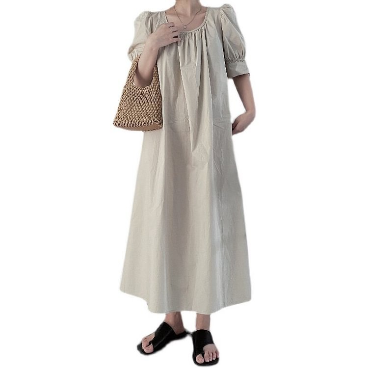 French Loose Solid Color O-neck Folds Puff Sleeve Dress   