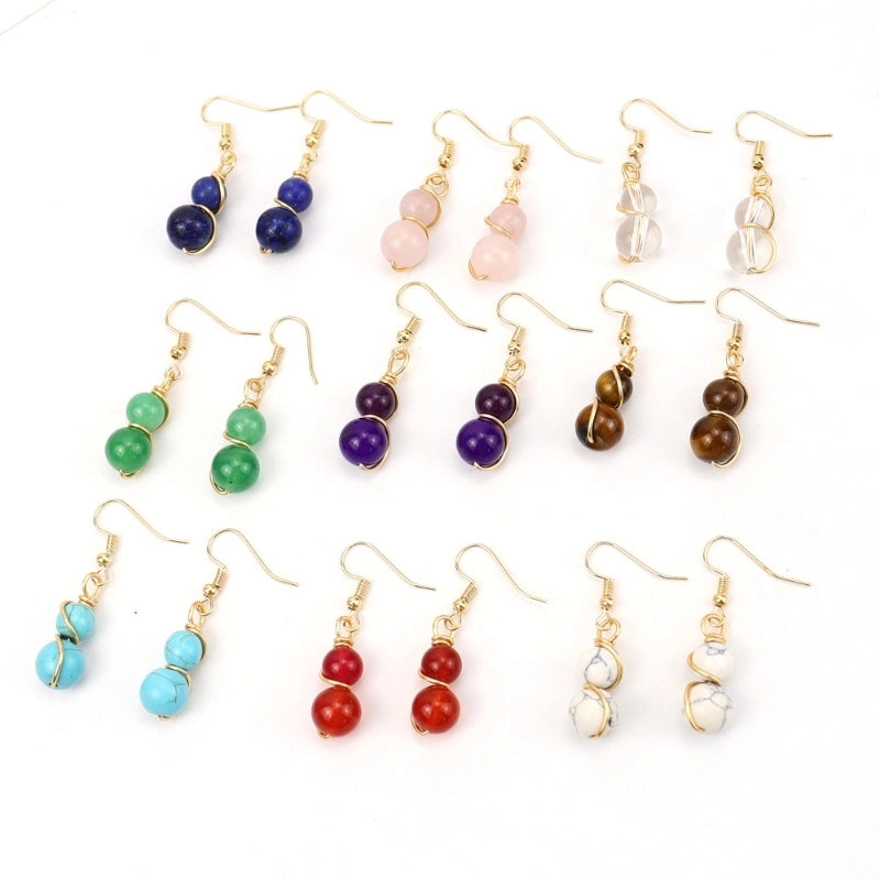 1 Pair Casual Pastoral Gourd Beaded Natural Stone Copper Drop Earrings