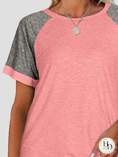 Casual Round Neck Short Sleeve Two Color T-shirts for Women