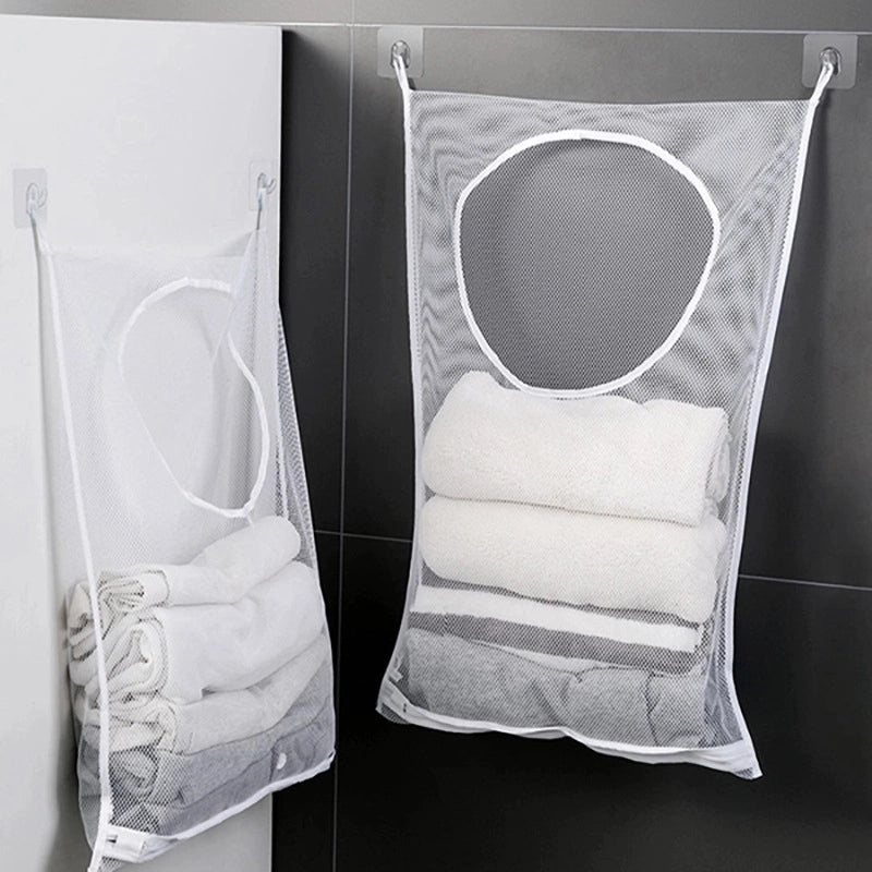 Bathroom Multifunctional Clothes Storage Mesh Bag Wall-mounted Clothes Change Storage Bag Socks Underwear Hanging Bag Dirty Clothes Basket