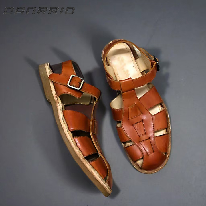 DANRRIO Handmade Color Rubbed Full Cowhide Leather Braided Roman Sandals Beach Shoes DANRRIO.COM DANRRIO