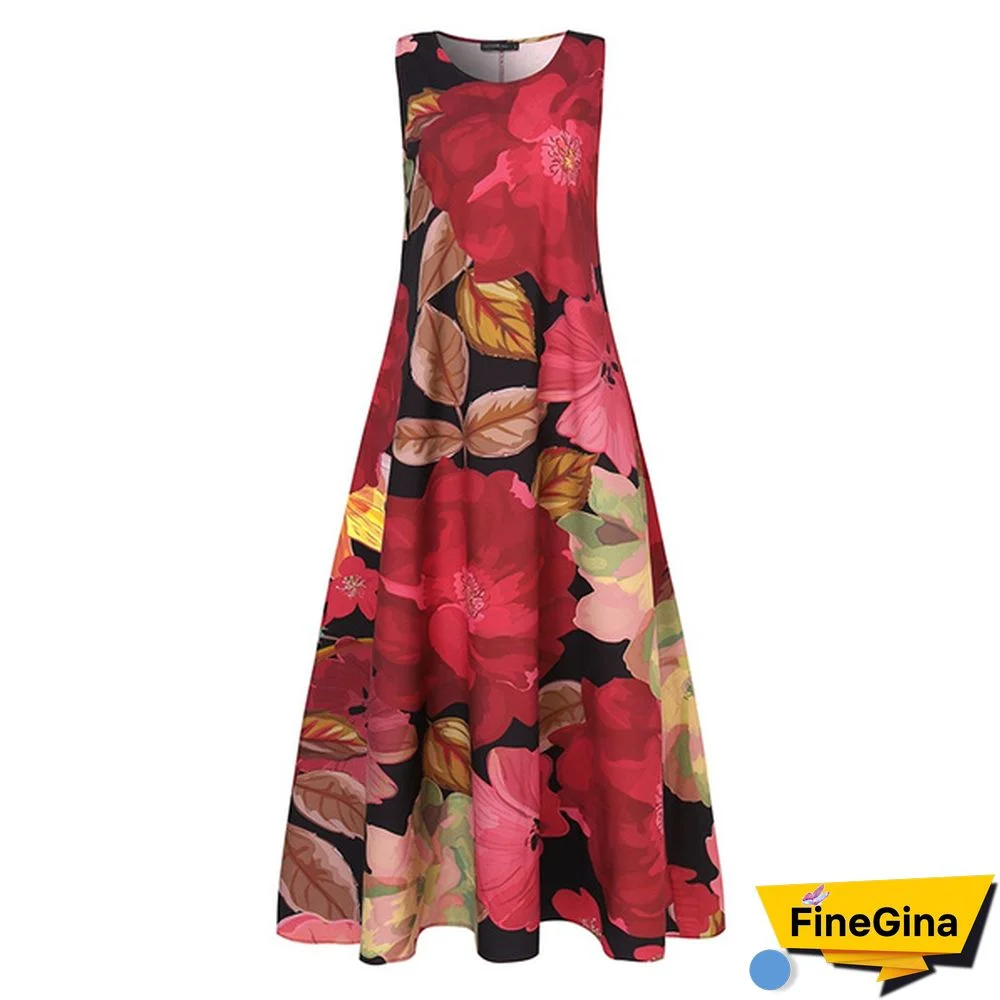 Women Loose Holiday Sleeveless Long Shirt Dress Crew Neck Floral Printed Beach Maxi Sundress Plus