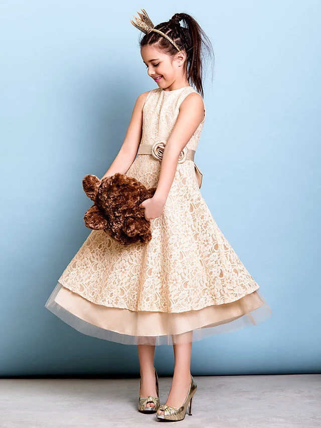 A-Line Jewel Neck Tea Length All Over Floral Lace Junior Bridesmaid Dress With Sash / Ribbon / Bow(S) / Flower / Natural