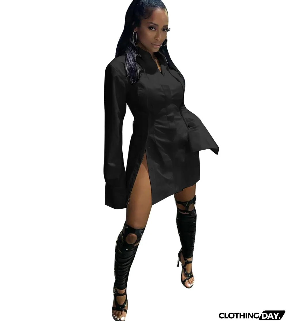 Autumn Sexy Side Slit Blouse Dress with Full Sleeves