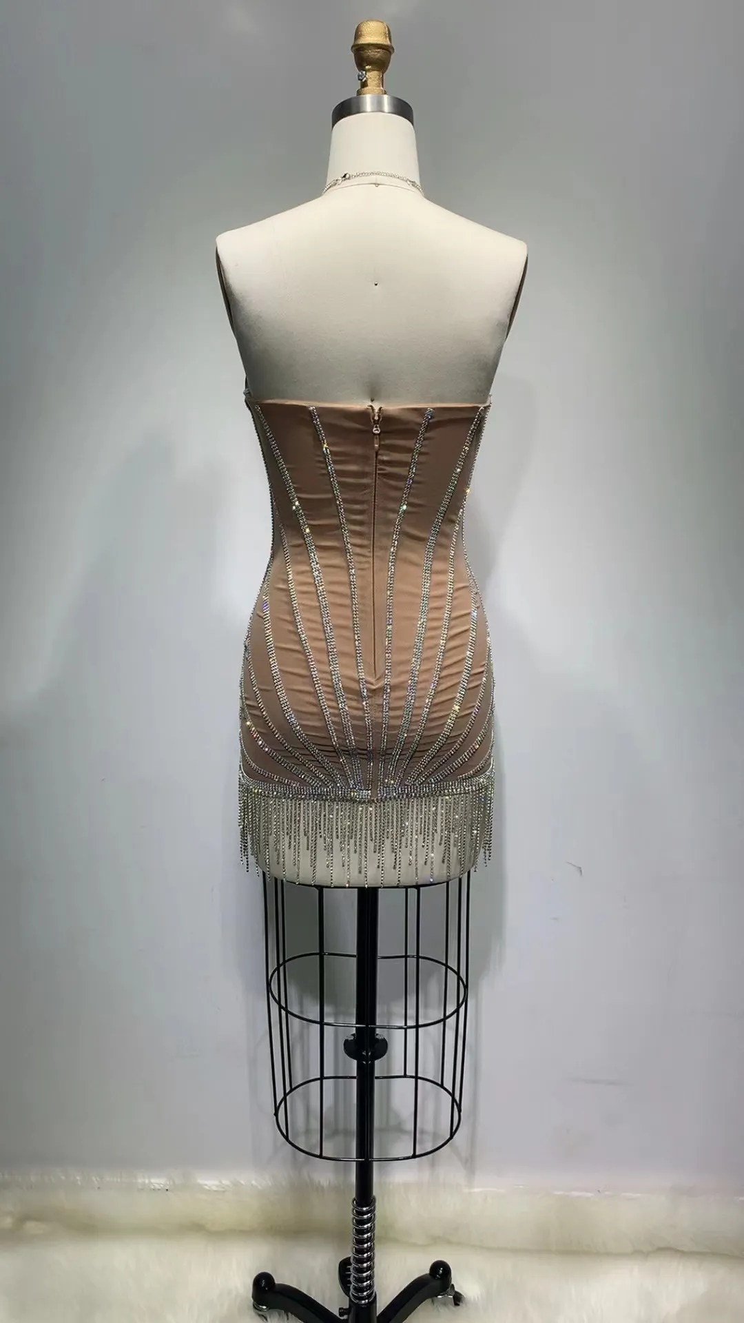 Brownm Hot Selling Sexy Hanging Neck Bra Bag Skirt Water Drill Twispy Dress Stage Performance Suit Thin
