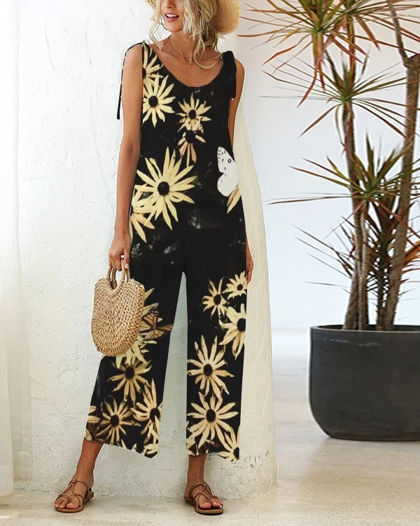 Casual Loose Lace-up Straight-leg Daisy Jumpsuit
