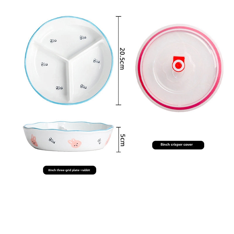 Ceramic Compartment Deep Bowl With Lid Sealed Partition Bowl Heat-resistant Microwave Oven Special Three-compartment Bowl Plate Snack Lunch Box