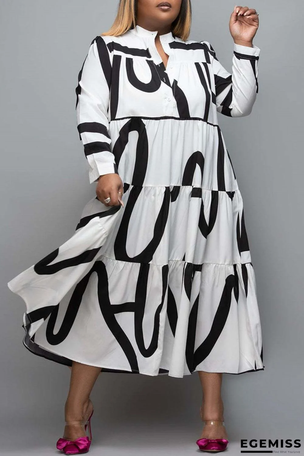 White Fashion Casual Plus Size Striped Print Patchwork V Neck Shirt Dress | EGEMISS