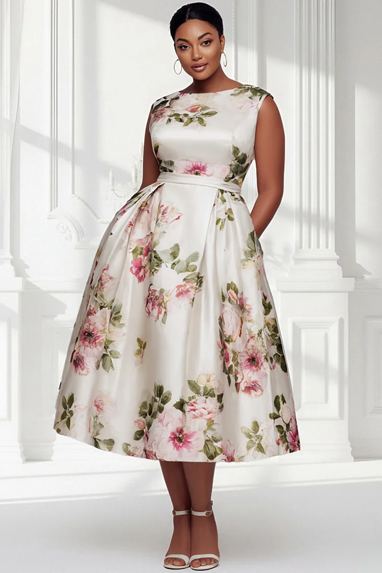 Xpluswear Design Plus Size Wedding Guest White Floral Round Neck Pocket Satin Midi Dresses 2024 - Xpluswear