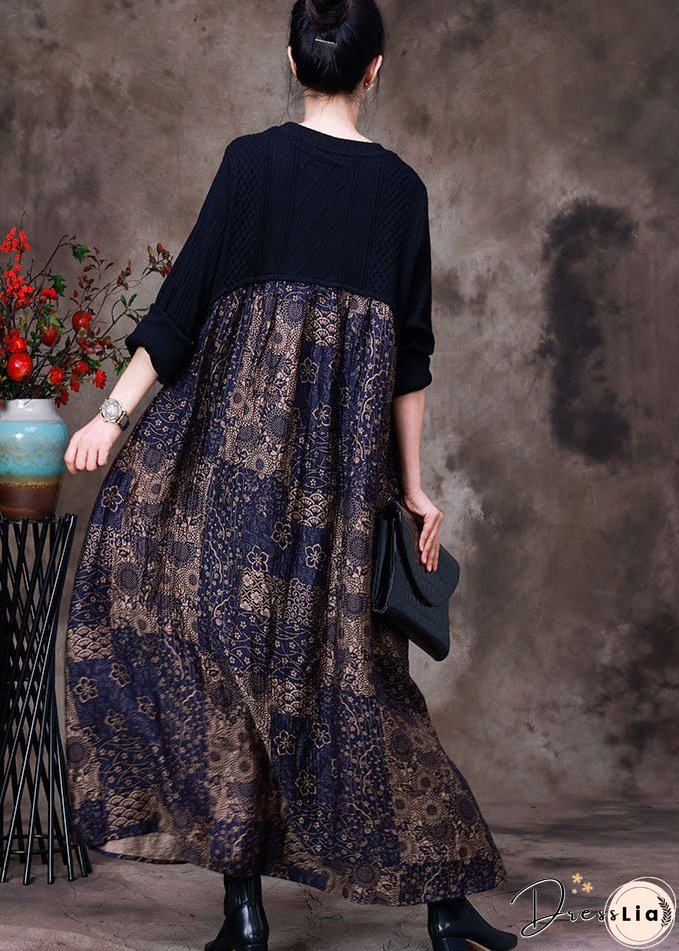 Stylish Purple O-Neck Asymmetrical Patchwork Print Silk Dress Long Sleeve