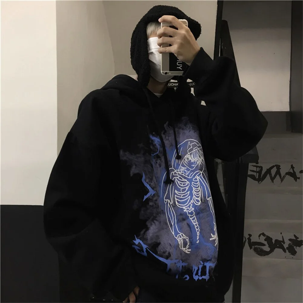 Lourdasprec Cool Skull Print Hoodie Autumn Black Oversized Couple Sweatshirt Loose Spring Harajuku Outerwear High Street Fashion Tops Girls