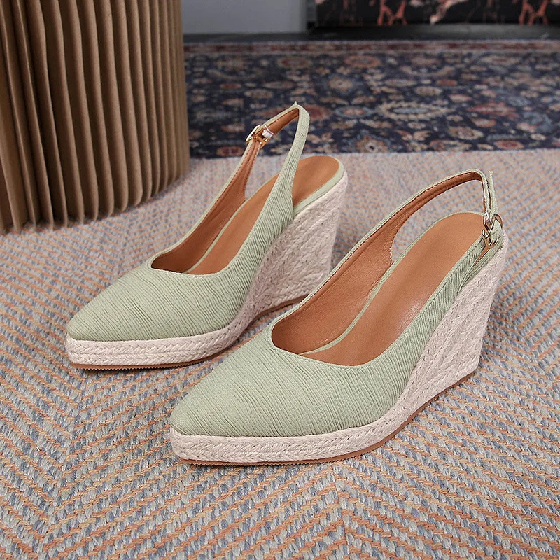 Wongn Wongn Summer Sloping Heel Thick Bottom Pointed Head Head Drag High Heel Women's Shoes After Empty Straw Hemp Rope Bottom Shoes