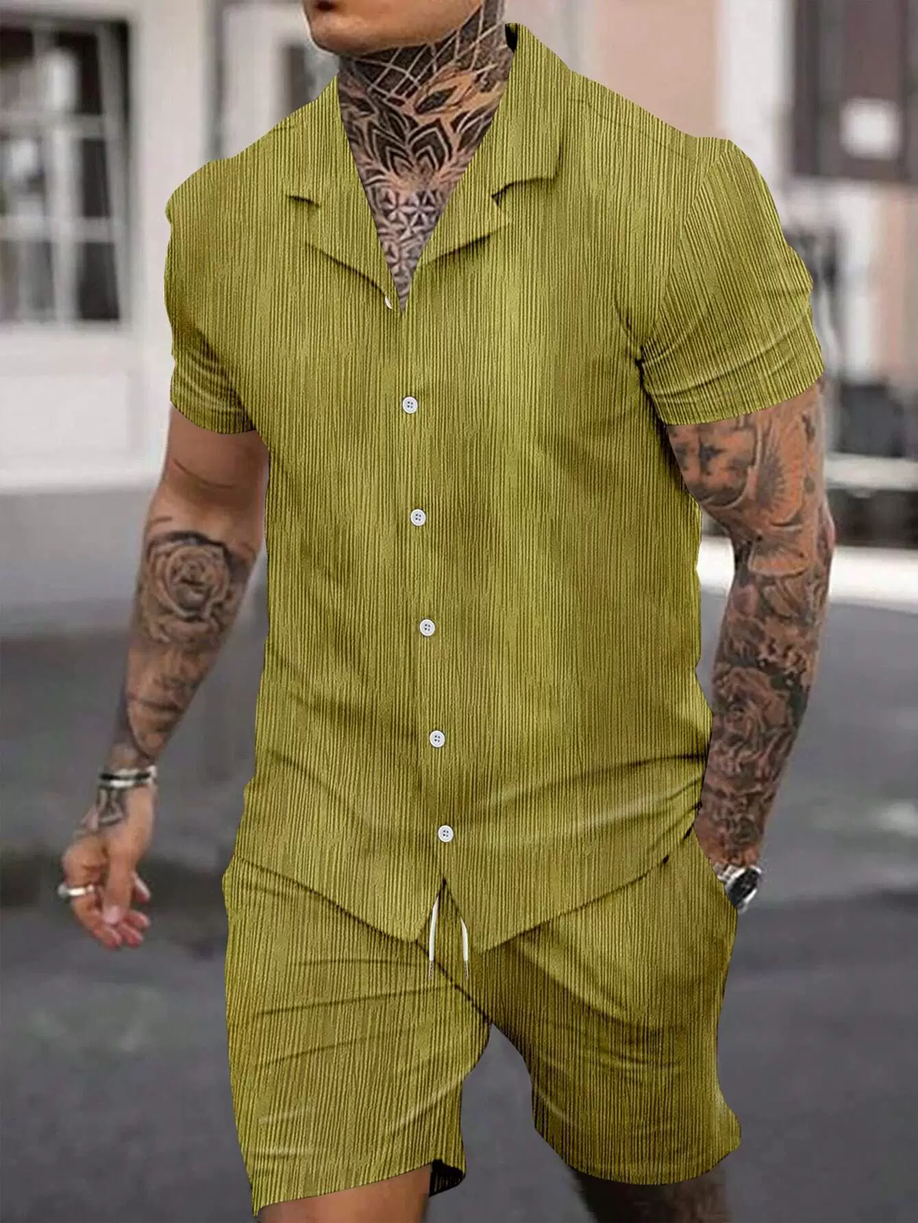 [S-3XL]Men's Classic Casual Striped Digital Print Cuban Collar Shirt Shorts Two-Piece Set