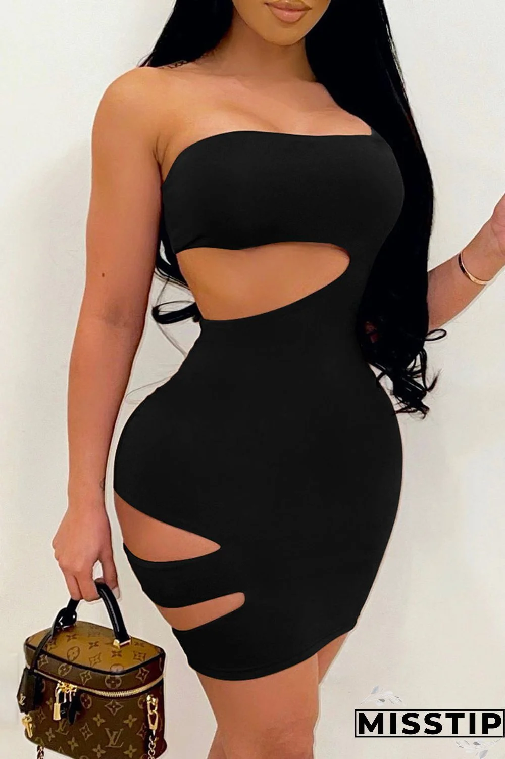 Black Fashion Sexy Solid Hollowed Out Backless Strapless Sleeveless Dress Dresses