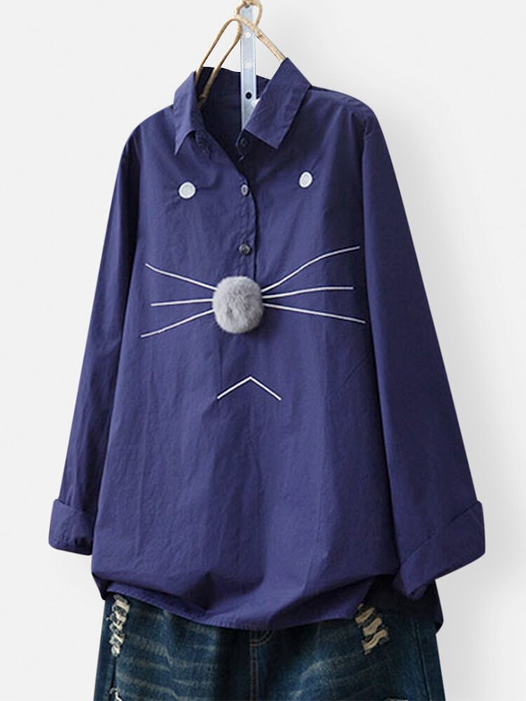 Simple Cat Embroidery Hairball Long Sleeve Blouse Lapel Shirt P1626127
