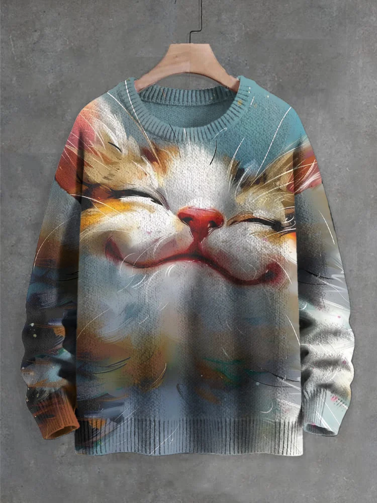 Women's Cat Smiling Art Print Knit Sweatshirt