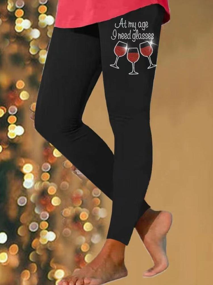 Women's Christmas Red Wine Cup At My Age Need Glasses Letter Print Leggings