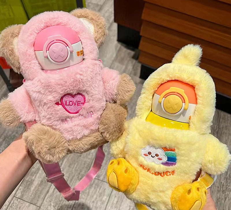 316 Vacuum Cup For Girls With Plush Cup Cover Kettle Crossbody Portable Cute Student Quilt Children Straw Water Cup