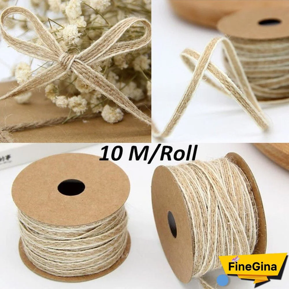 10M/Roll Width 0.5cm Jute Burlap Rolls Hessian Ribbon with Lace Vintage Rustic Wedding Decoration Ornament Party Wedding Christmas Decor