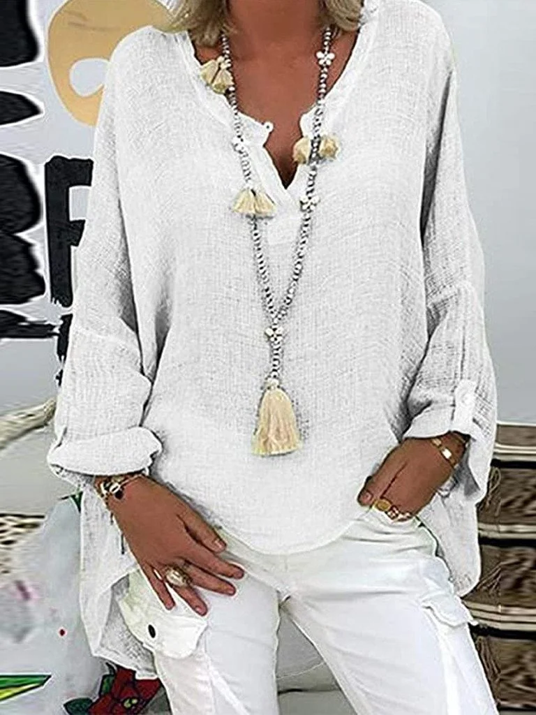 Solid V-neck Long Sleeve Loose T-shirts