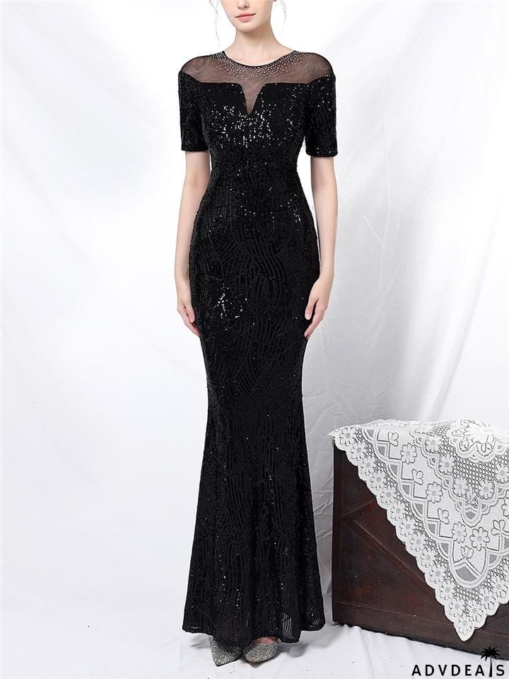 Shimmering Sequined Illusion Neck Mermaid Dress for Evening Party